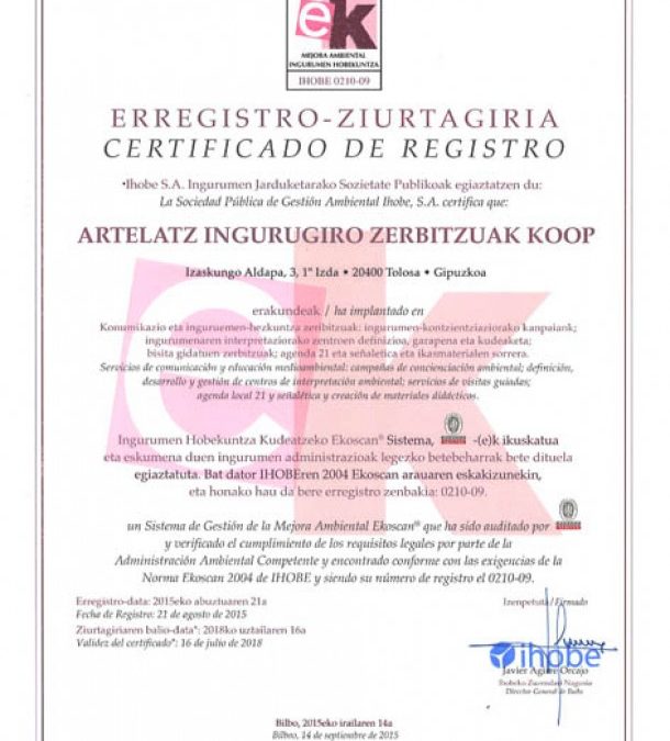Artelatz ha recibido el certificado Ekoscan PLUS
